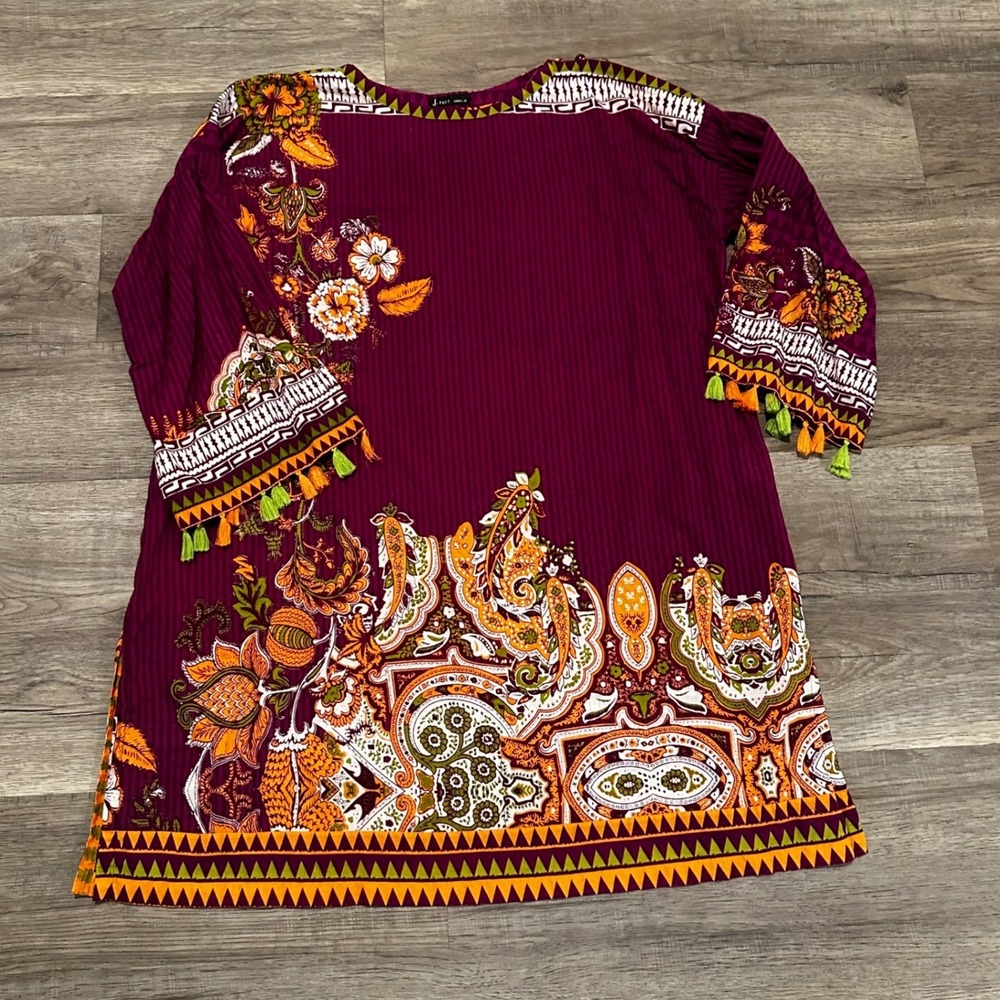 Junaid Jamshed J Pret Women Cotton Kurti Tunic Purple Orange Paisley Floral S 10